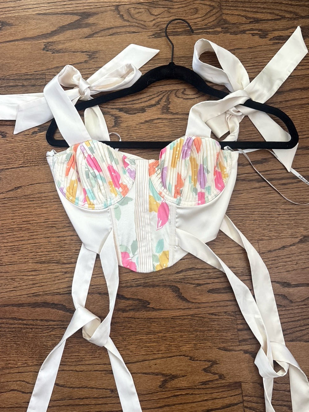 White Satin Bustier Top with Pastel Watercolor Print